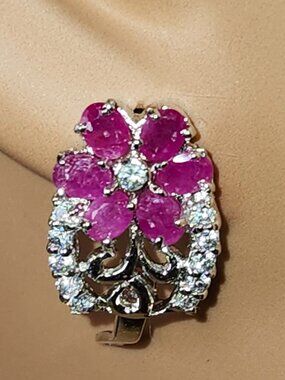 .925 Sterling Silver Floral Natural Ruby and Cubic Zirconia Earrings. Value $635